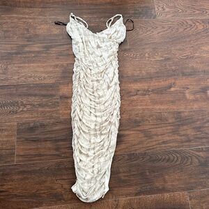 Forever 21 Neutral Beige White ruched midi dress Spaghetti Straps Side Slit sz S